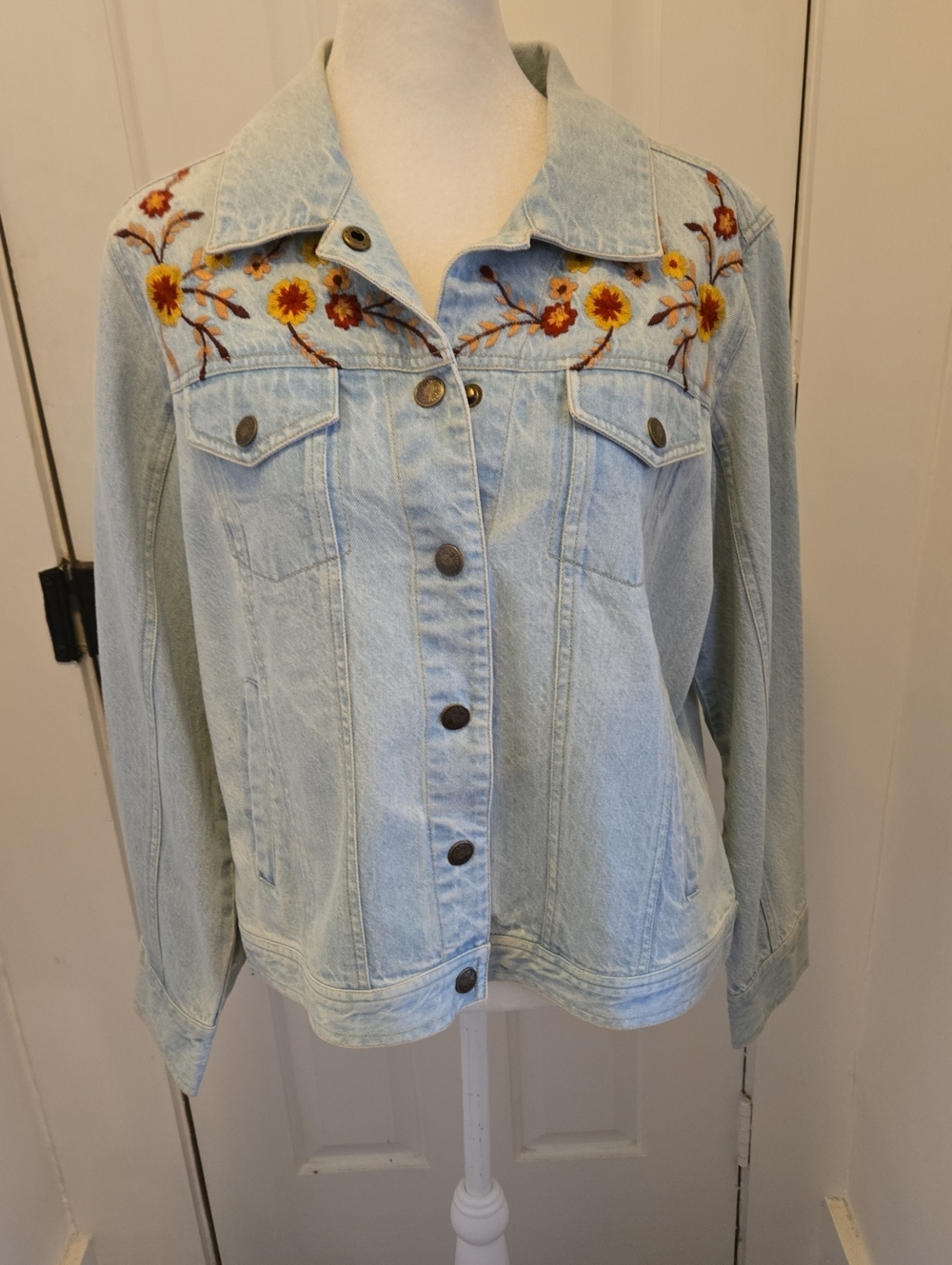KEREN hart Light Blue Denim Jacket with Yellow & Brown Floral Embroidery